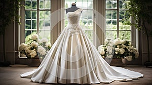 Wedding drees, bridal gown style and bespoke fashion, full-legth white tailored ball gown in showroom, tailor fitting, beauty and