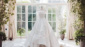 Wedding drees, bridal gown style and bespoke fashion, full-legth white tailored ball gown in showroom, tailor fitting, beauty and