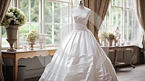 Wedding drees, bridal gown style and bespoke fashion, full-legth white tailored ball gown in showroom, tailor fitting, beauty and