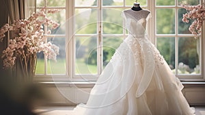 Wedding drees, bridal gown style and bespoke fashion, full-legth white tailored ball gown in showroom, tailor fitting, beauty and