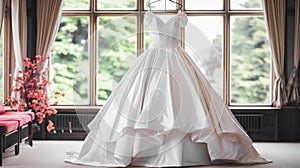 Wedding drees, bridal gown style and bespoke fashion, full-legth white tailored ball gown in showroom, tailor fitting photo