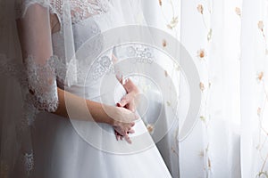 Wedding dress of the bride. Wedding ceremony, bride`s morning