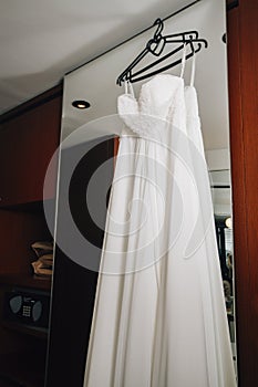 Wedding dress of the bride. Wedding ceremony, bride`s morning