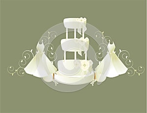 Wedding dress and cake gray background