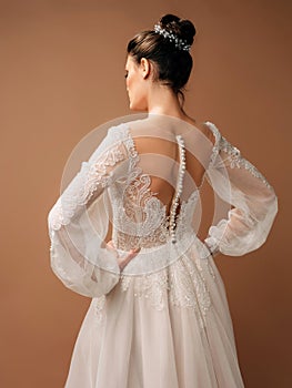 Wedding dress closeup. Rear view with tender french lace, long sleeves, white fabric-covered buttons.