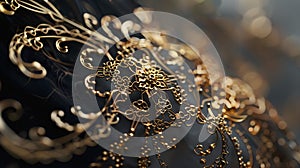 Wedding dress detail with gold ornament, closeup. Luxury background.
