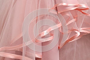 Wedding dress detail. Pink wedding dress frills close up