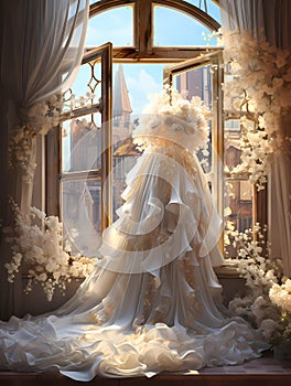 A Wedding Dress In Front Of A Window