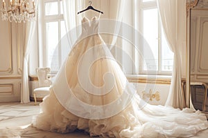 Wedding dress with a full skirt on a hanger
