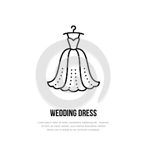 Wedding dress on hanger icon, clothing shop line logo. Flat sign for apparel collection. Logotype for laundry, clothes