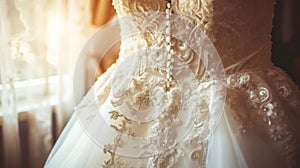 Wedding Dress Hanging on Rack in Front of Window