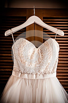 Wedding dress ,hanging and ready