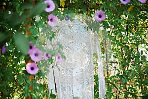 wedding dress hanging in trees