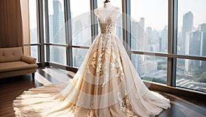 Wedding dress in luxury room background. Bridal beige ivory color gown. Front view of stylish white dress for wedding day.