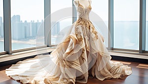 Wedding dress in luxury room background. Bridal beige ivory color gown. Front view of stylish white dress for wedding day.