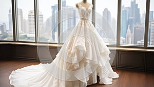 Wedding dress in luxury room background. Bridal beige ivory color gown. Front view of stylish white dress for wedding day.