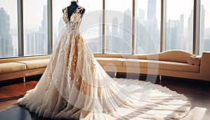 Wedding dress in luxury room background. Bridal beige ivory color gown. Front view of stylish white dress for wedding day.