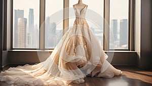 Wedding dress in luxury room background. Bridal beige ivory color gown. Front view of stylish white dress for wedding day.