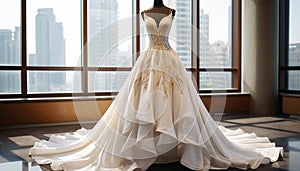 Wedding dress in luxury room background. Bridal beige ivory color gown. Front view of stylish white dress for wedding day.