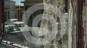 A wedding dress made of tattered lace and adorned with starshaped sequins hangs in the window of a deserted general