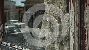 A wedding dress made of tattered lace and adorned with starshaped sequins hangs in the window of a deserted general photo