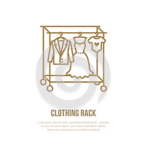 Wedding dress, men suit, kids clothes on hanger icon, clothing rack line logo. Flat sign for apparel collection photo