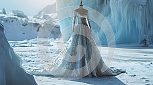 Wedding dress on nature background. Bridal silver gown. Front view of stylish dress for wedding day. Beautiful clothes for bride.