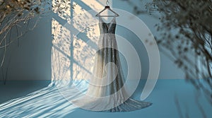 Wedding dress on salon room background. Bridal silver gown. Front view of stylish white dress for wedding day. Beautiful clothes