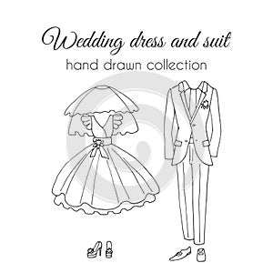 Wedding dress and suit illustration. Sketchy style. Hand drawn bride and groom ceremony wear design