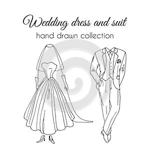 Wedding dress and suit illustration. Sketchy style. Hand drawn bride and groom ceremony wear design