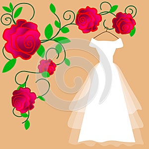 Wedding dress vector. Flat design. Elegant white dress with veiling and bow for bride hanging on hanger. Preparing to marriage cer