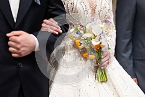 wedding dress, wedding rings, wedding bouquet