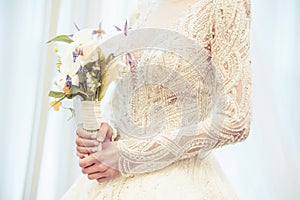 wedding dress, wedding rings, wedding bouquet