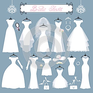 Wedding dresses,accessories set.Fashion flat silhouette