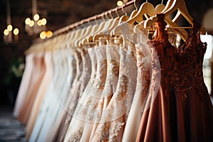 Wedding dresses on hangers in shop. Generative AI