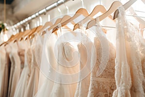 Wedding dresses on hangers in shop. Generative AI