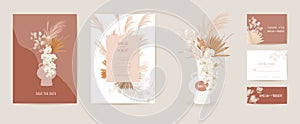 Wedding dried lunaria, orchid, pampas grass floral Card. Vector Exotic dried flowers, palm leaves boho invitation photo