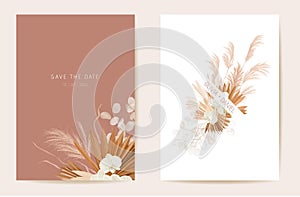 Wedding dried lunaria, orchid, pampas grass floral invitation. Vector Exotic dried flowers, palm leaves boho card