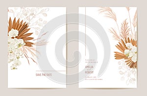 Wedding dried lunaria, orchid, pampas grass floral Save the Date set. Vector exotic dry flower, palm leaves