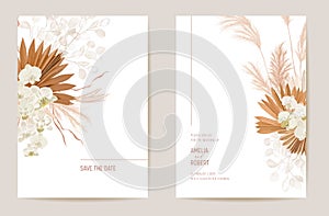 Wedding dried lunaria, orchid, pampas grass floral Save the Date set. Vector exotic dry flower, palm leaves photo