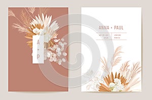 Wedding dried lunaria, orchid, pampas grass floral vector card. Exotic dried flowers, palm leaves boho invitation