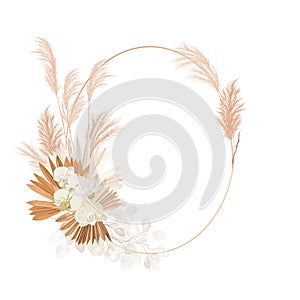 Wedding dried lunaria, orchid, pampas grass floral wreath. Vector Exotic dried flowers, palm leaves boho