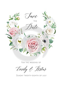 Wedding elegant invitation, save the date card, greeting template design. Floral editable vector wreath decoration. White, pink