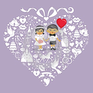 Wedding elements in hearts composition with baby bride and groo