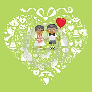 Wedding elements in hearts composition with baby bride and groo