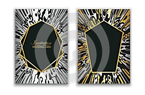 Wedding elite card invitation. Engagement. Abstract texture of marble. Vector pattern background. Gold and silver geometric frame.