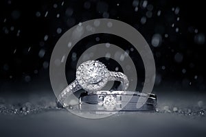 Wedding engagement diamond rings with water drops photo