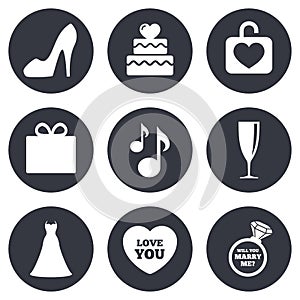 Wedding, engagement icons. Cake, gift box