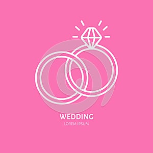 Wedding or engagement rings line icon. Vector logo for jewelery store, wedding organization service or event agency