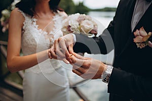 Wedding engagement rings. Married couple exchange wedding rings at a wedding ceremony. Groom put a ring on finger of his